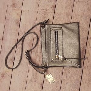 Alyssa Gun Metal Crossbody with gold zipprs